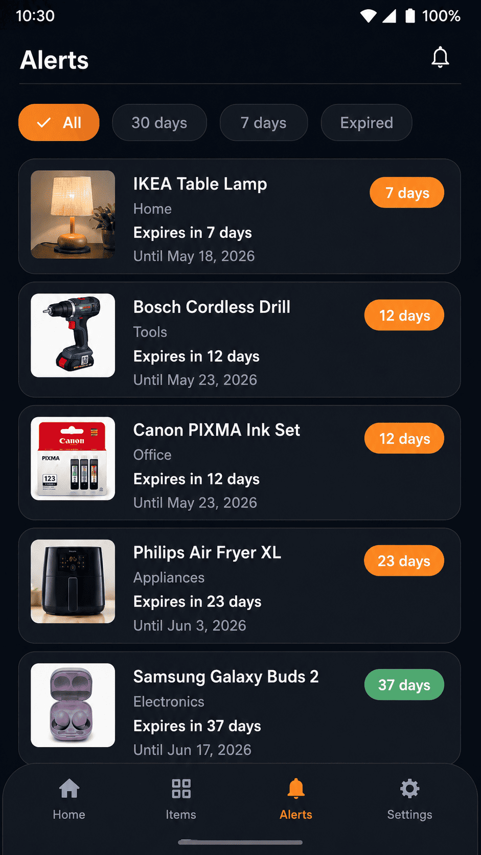 Alerts screen with warranty notifications