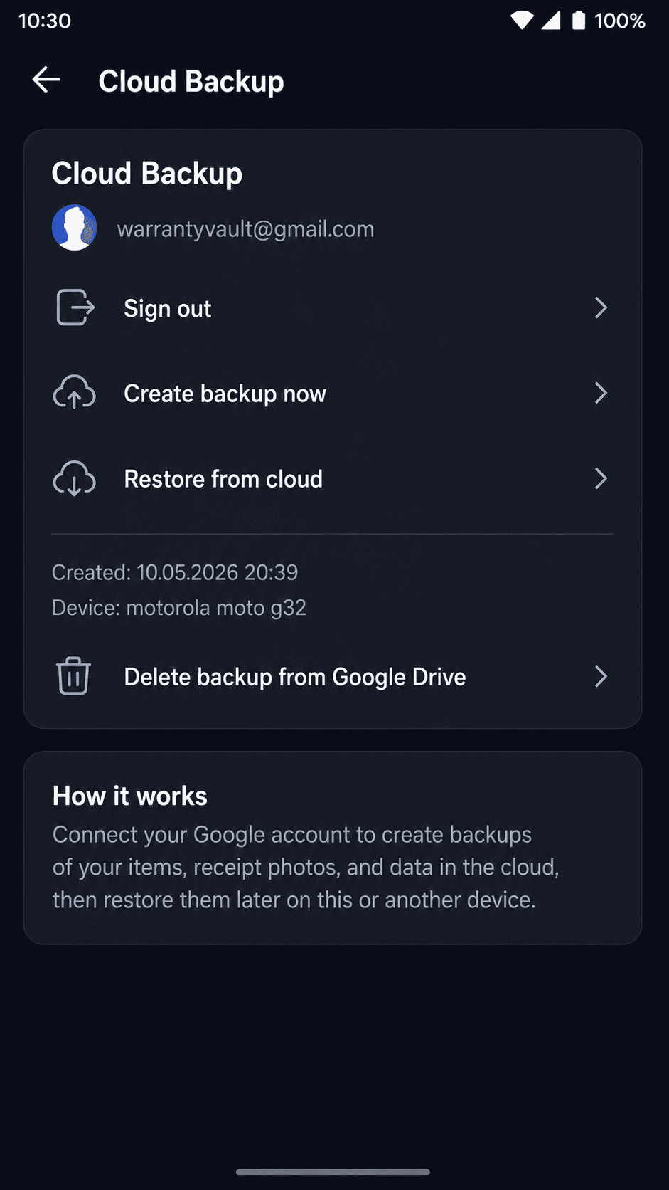 Cloud backup screen in Receipt & Warranty Vault