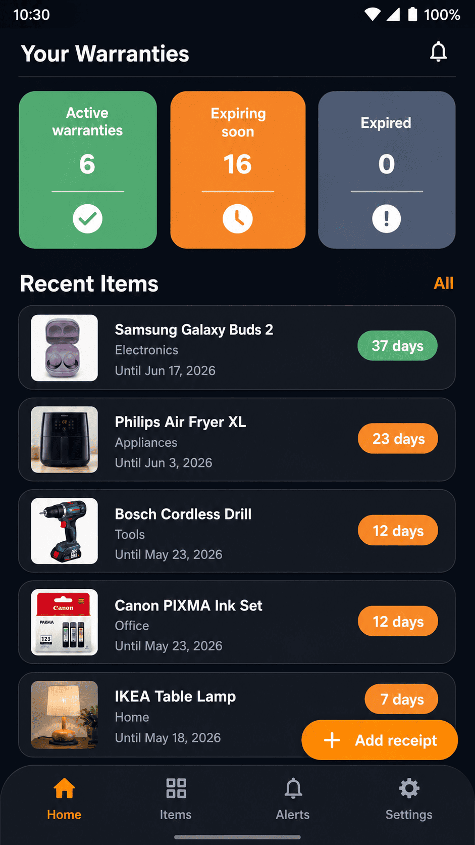 Receipt & Warranty Vault home screen with warranty statistics and recent items