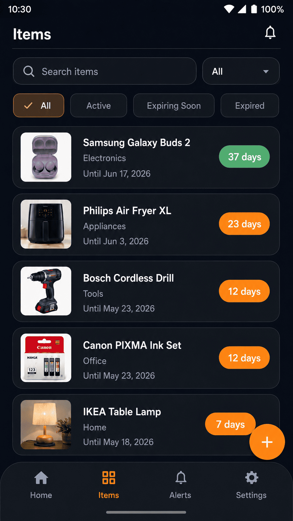 Items screen with search, filters and warranty labels