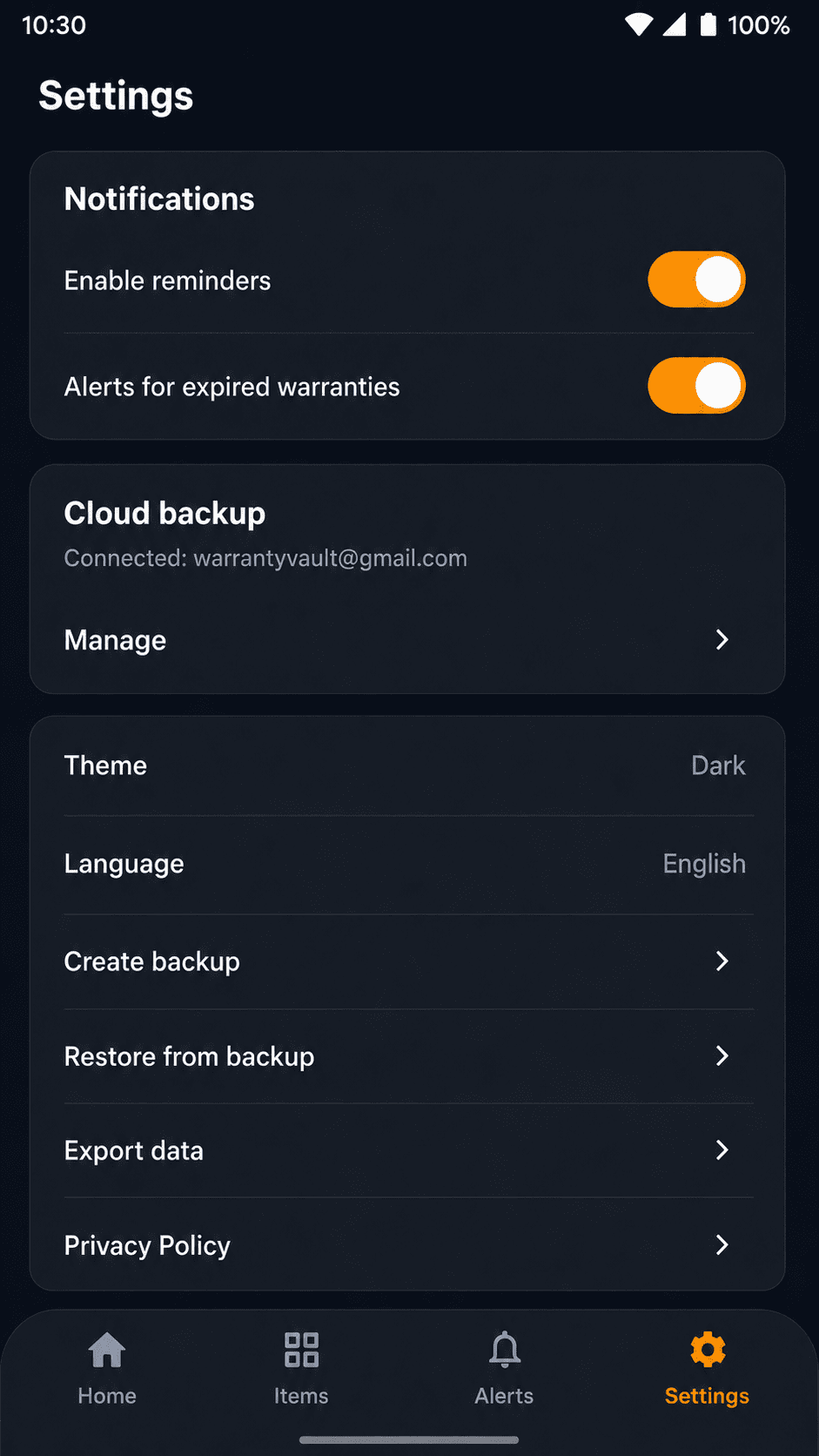 Settings screen with reminders, cloud backup, backup, export, theme and language options